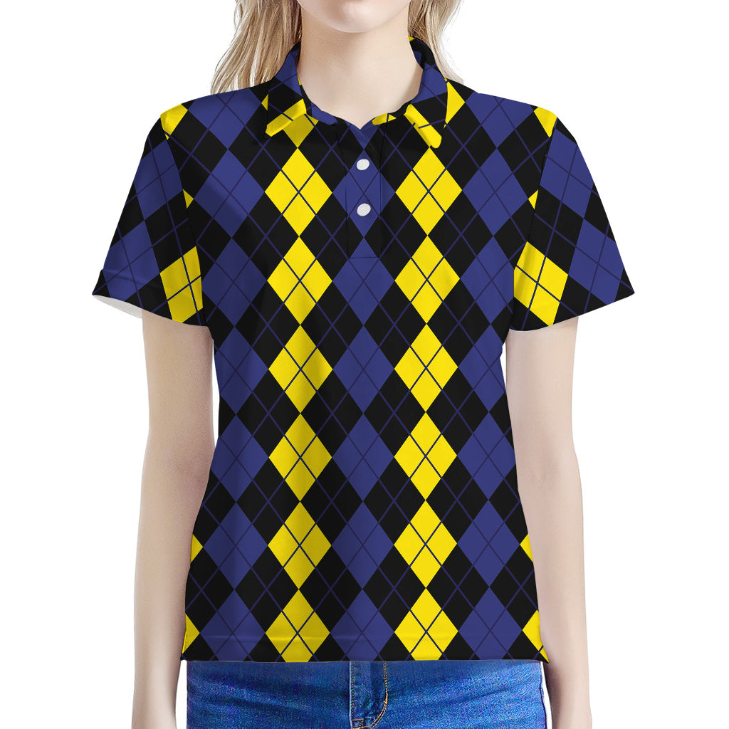 Yellow Black And Blue Argyle Print Women's Polo Shirt