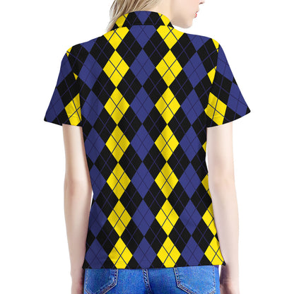 Yellow Black And Blue Argyle Print Women's Polo Shirt
