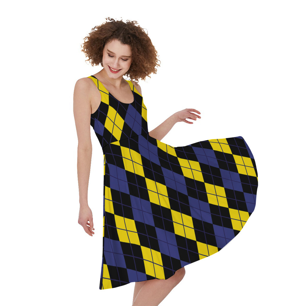 Yellow Black And Blue Argyle Print Women's Sleeveless Dress
