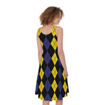 Yellow Black And Blue Argyle Print Women's Sleeveless Dress