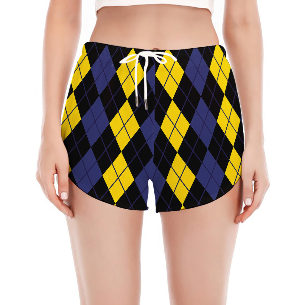 Yellow Black And Blue Argyle Print Women's Split Running Shorts