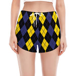 Yellow Black And Blue Argyle Print Women's Split Running Shorts