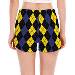 Yellow Black And Blue Argyle Print Women's Split Running Shorts
