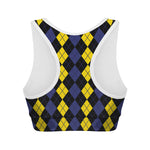 Yellow Black And Blue Argyle Print Women's Sports Bra