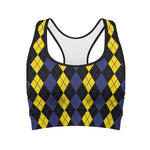 Yellow Black And Blue Argyle Print Women's Sports Bra