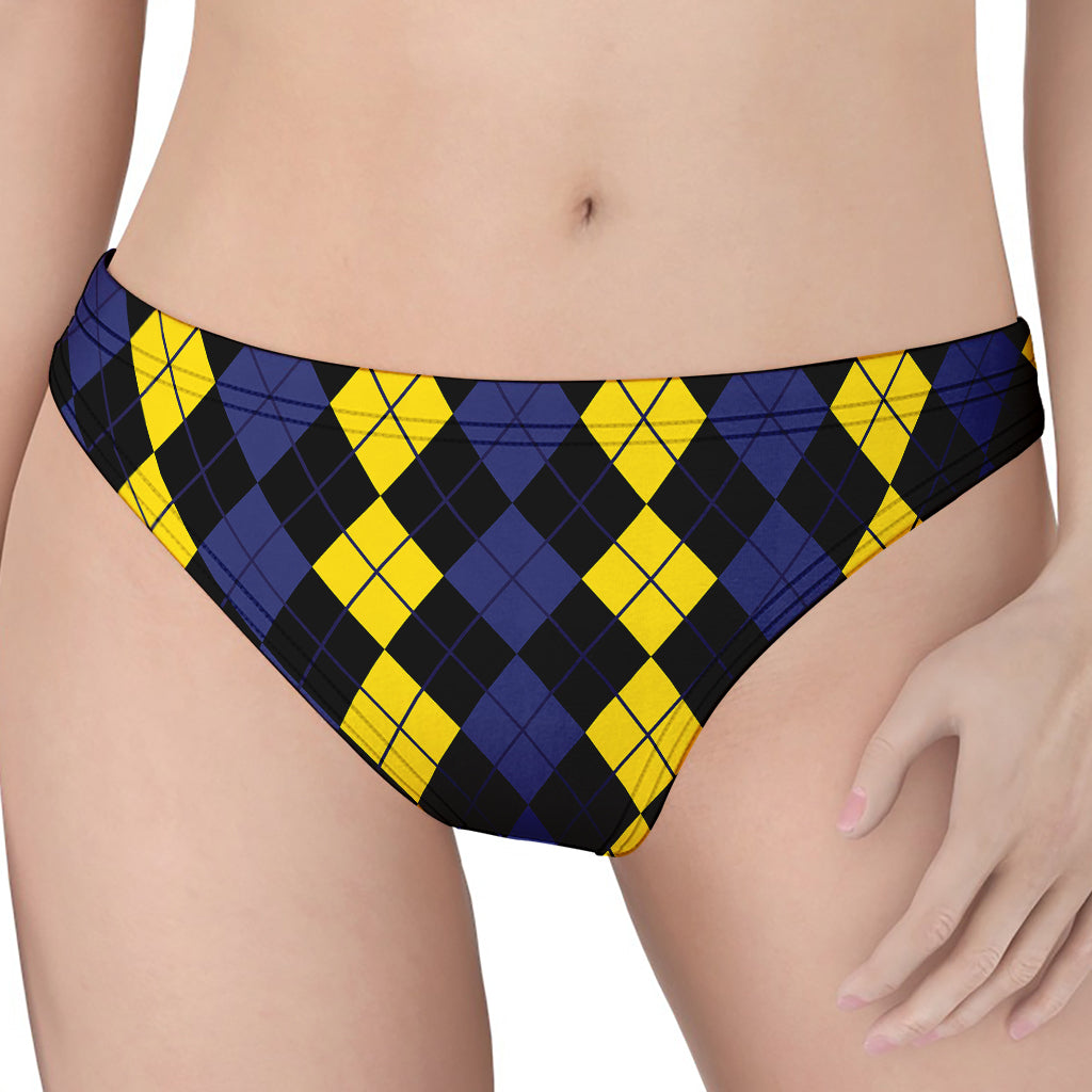 Yellow Black And Blue Argyle Print Women's Thong