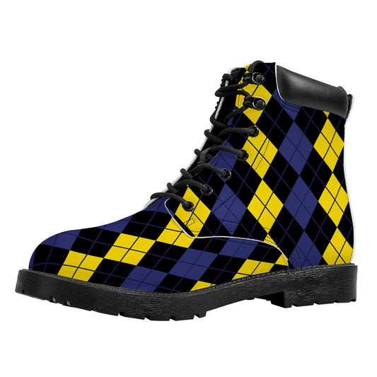 Yellow Black And Blue Argyle Print Work Boots