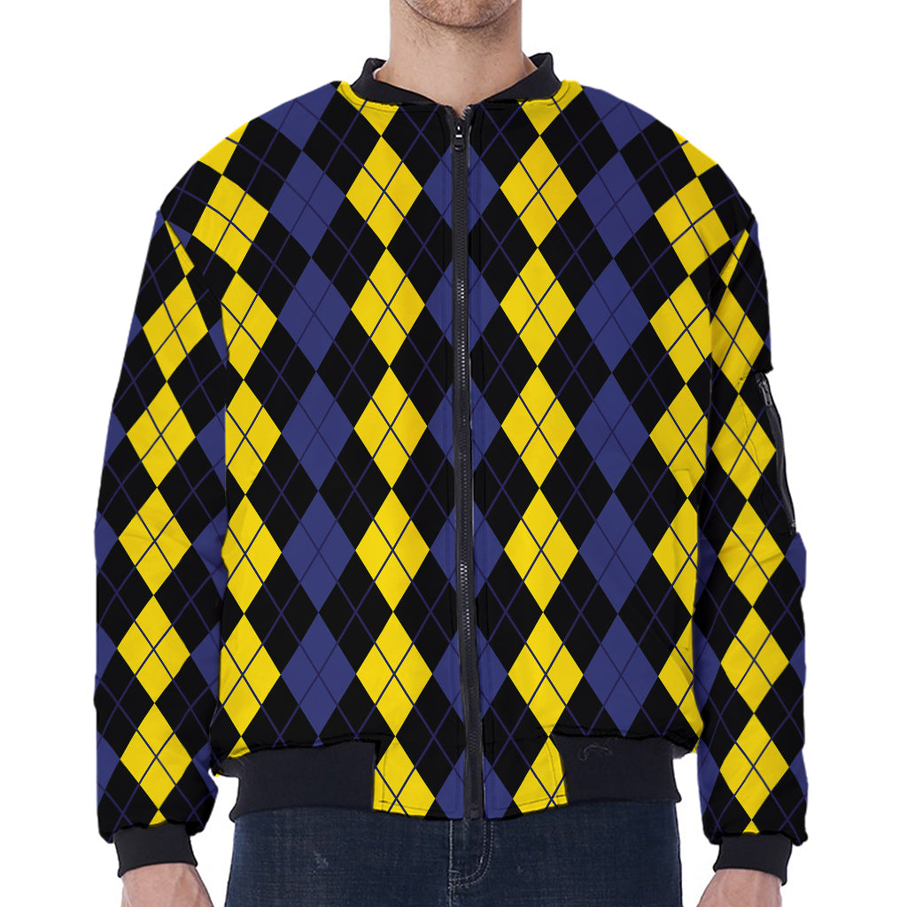 Yellow Black And Blue Argyle Print Zip Sleeve Bomber Jacket