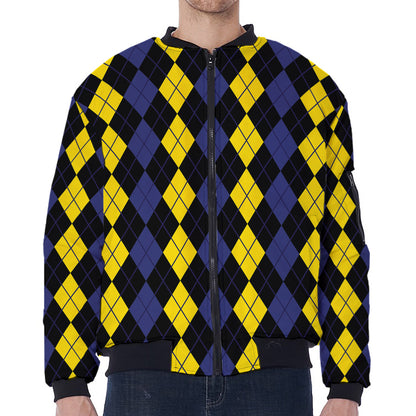 Yellow Black And Blue Argyle Print Zip Sleeve Bomber Jacket