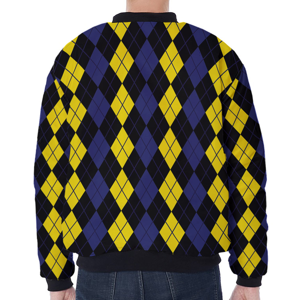 Yellow Black And Blue Argyle Print Zip Sleeve Bomber Jacket