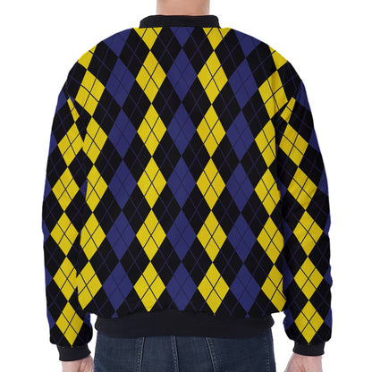 Yellow Black And Blue Argyle Print Zip Sleeve Bomber Jacket