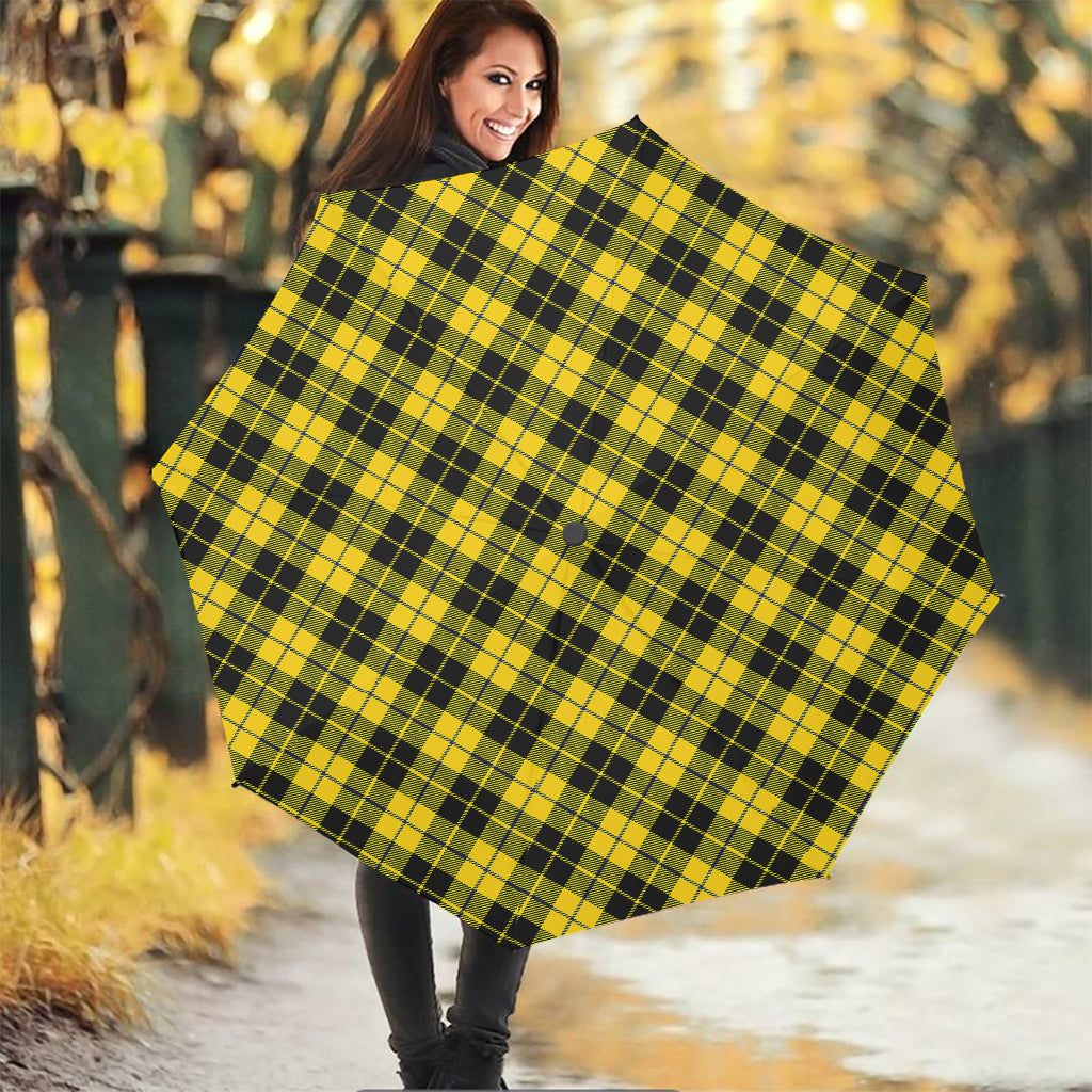 Yellow Black And Blue Tartan Print Foldable Umbrella