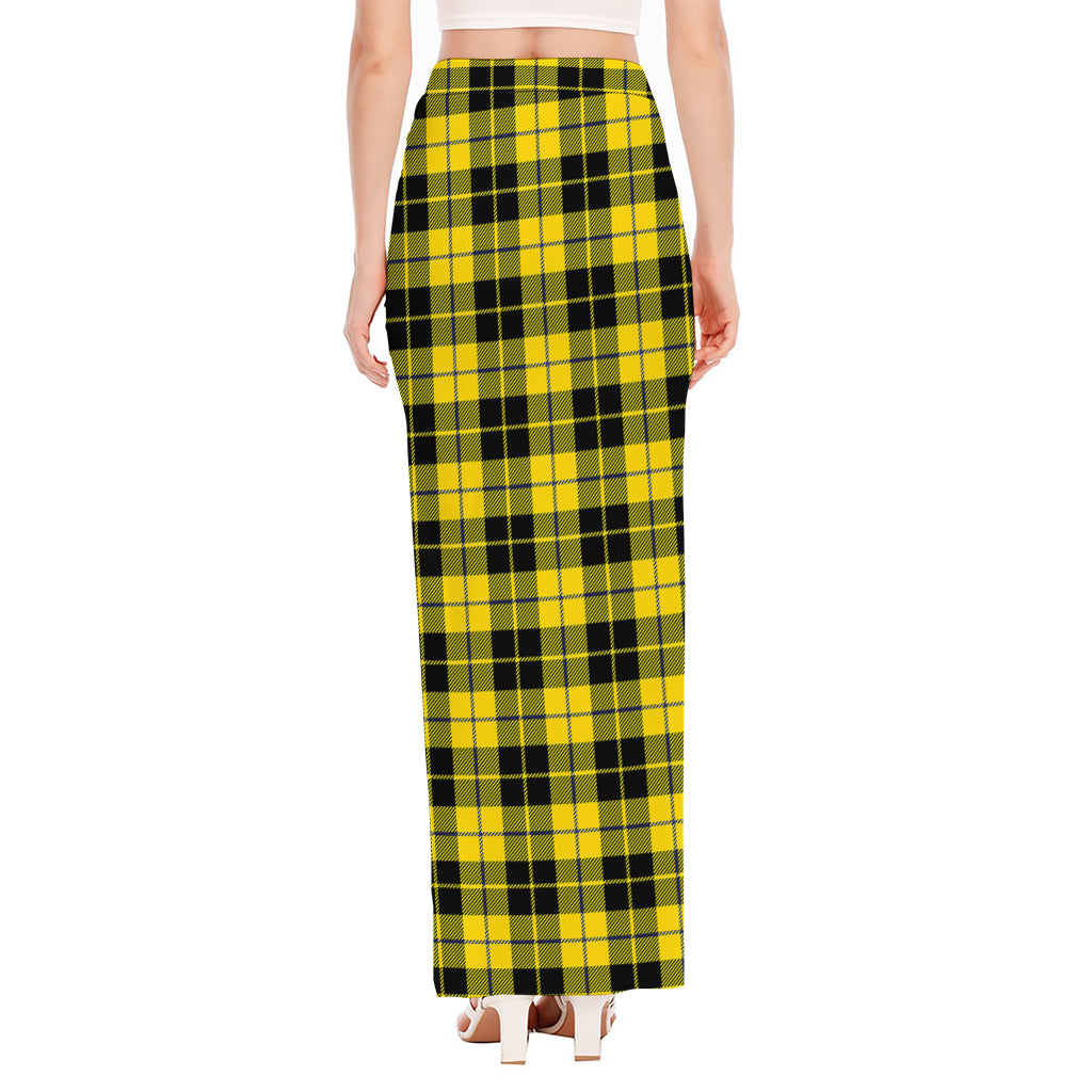 Yellow Black And Blue Tartan Print High Slit Maxi Skirt