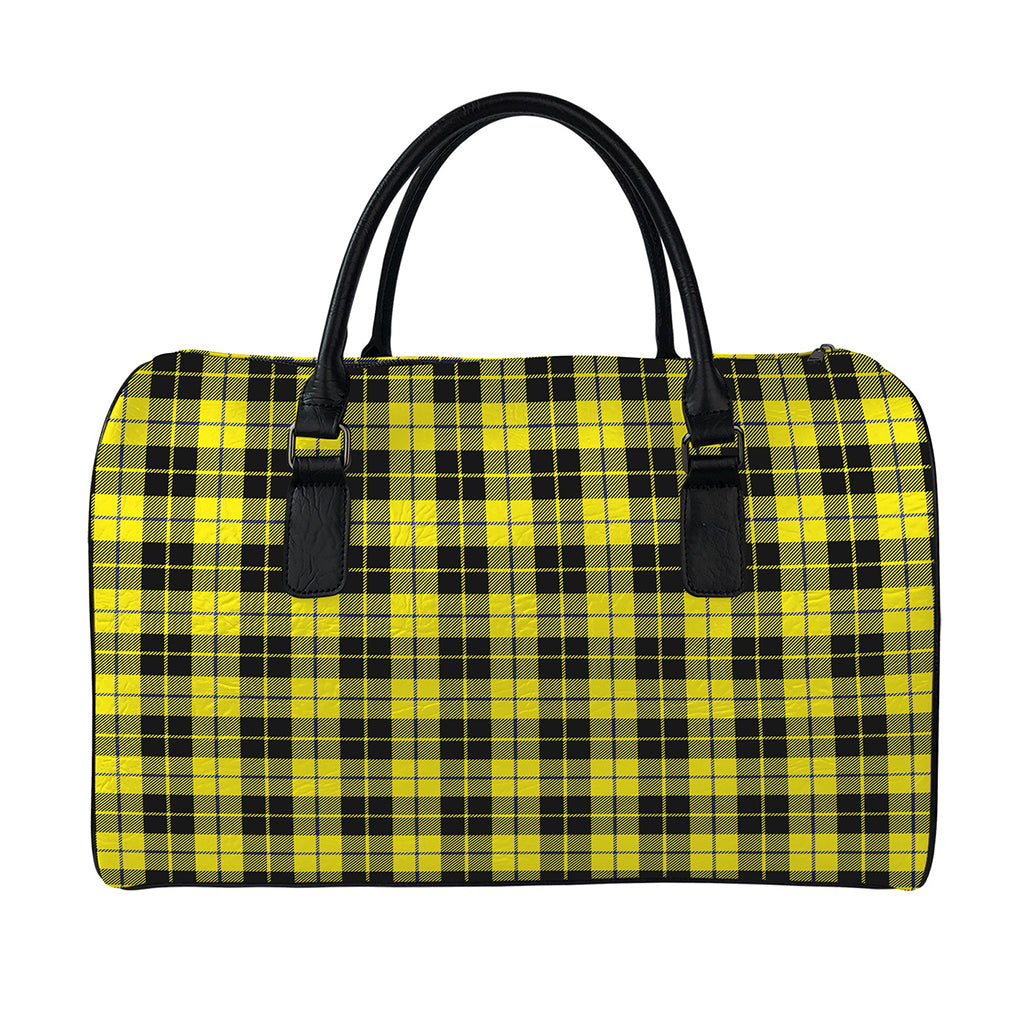 Yellow Black And Blue Tartan Print Leather Duffle Bag