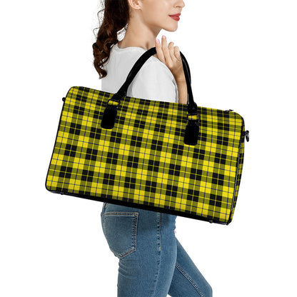 Yellow Black And Blue Tartan Print Leather Duffle Bag