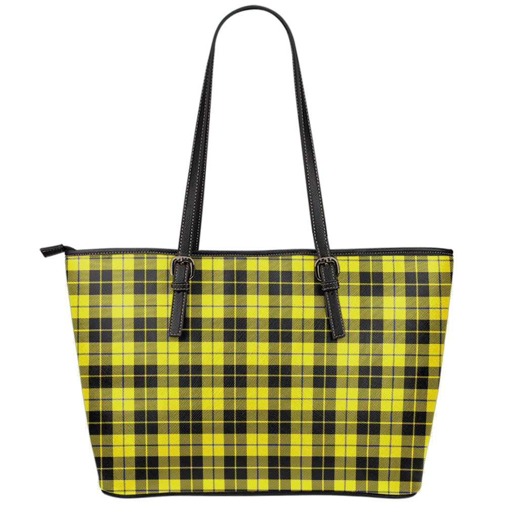 Yellow Black And Blue Tartan Print Leather Tote Bag