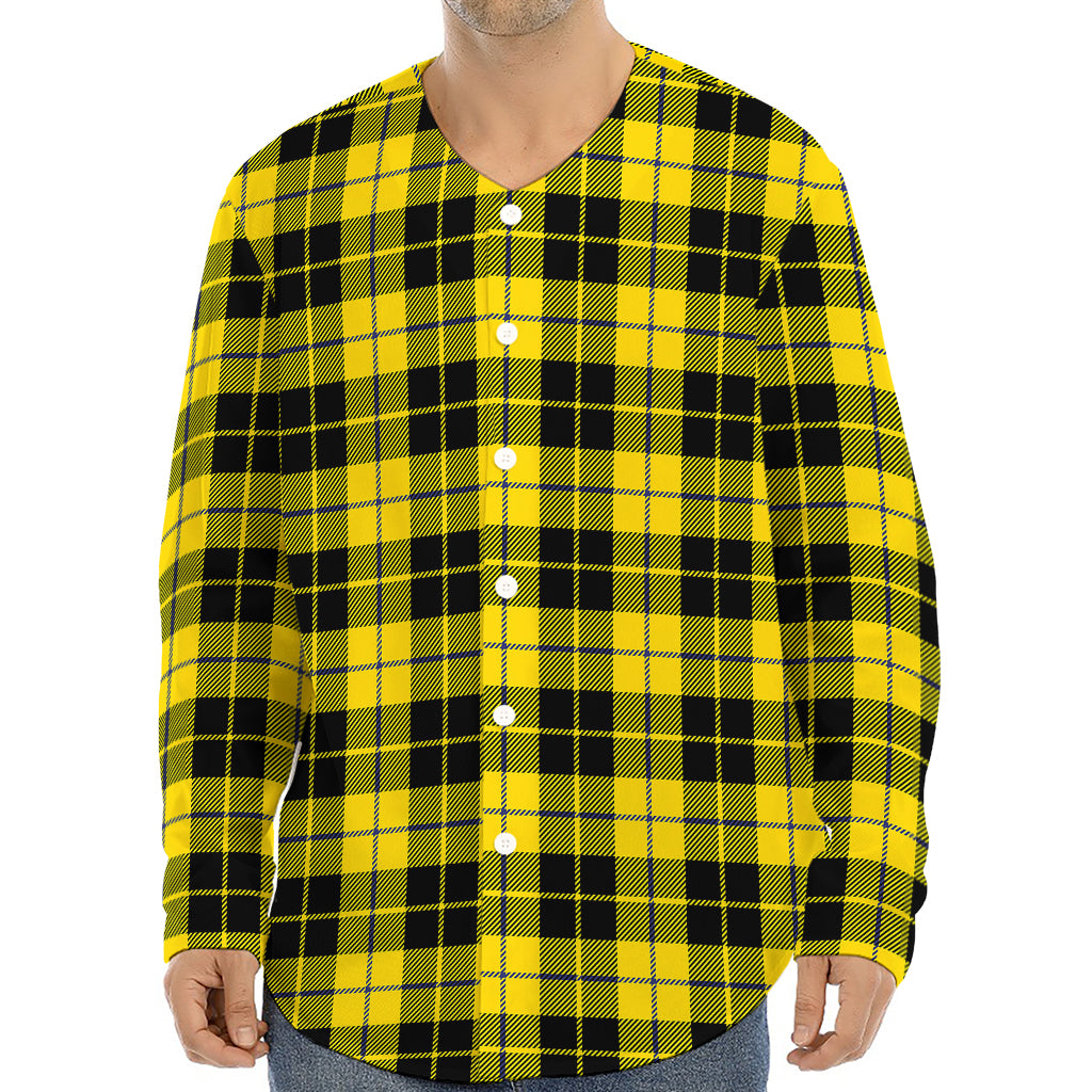 Yellow Black And Blue Tartan Print Long Sleeve Baseball Jersey