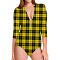 Yellow Black And Blue Tartan Print Long Sleeve Swimsuit