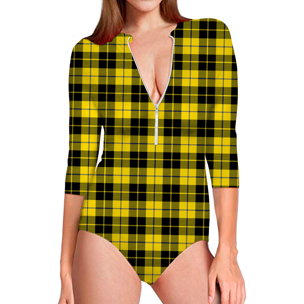 Yellow Black And Blue Tartan Print Long Sleeve Swimsuit
