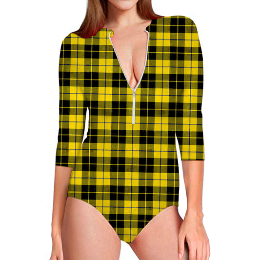Yellow Black And Blue Tartan Print Long Sleeve Swimsuit