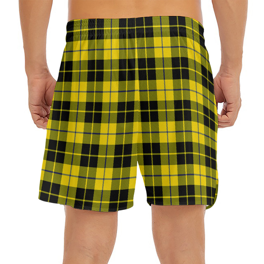 Yellow Black And Blue Tartan Print Men's Split Running Shorts