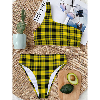 Yellow Black And Blue Tartan Print One Shoulder Bikini Top