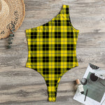 Yellow Black And Blue Tartan Print One Shoulder Bodysuit
