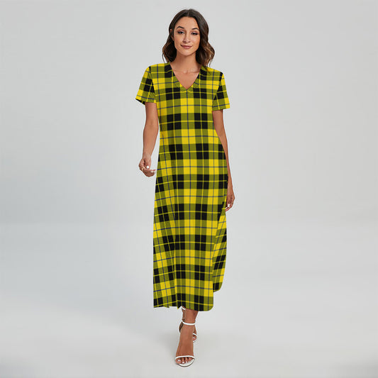 Yellow Black And Blue Tartan Print Short Sleeve Maxi Dress