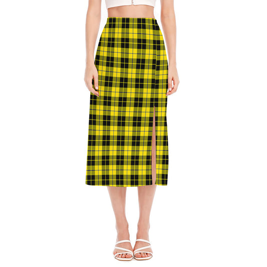 Yellow Black And Blue Tartan Print Side Slit Midi Skirt