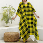 Yellow Black And Blue Tartan Print Silk V-Neck Kaftan Dress