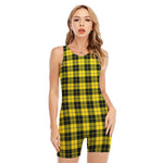 Yellow Black And Blue Tartan Print Sleeveless One Piece Swimsuit