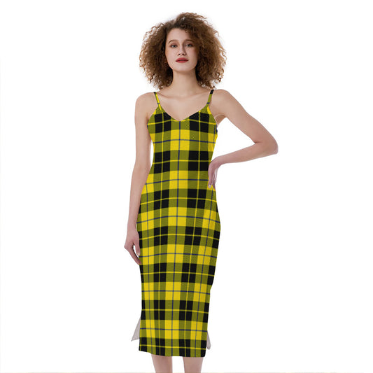Yellow Black And Blue Tartan Print Slim Fit Midi Cami Dress