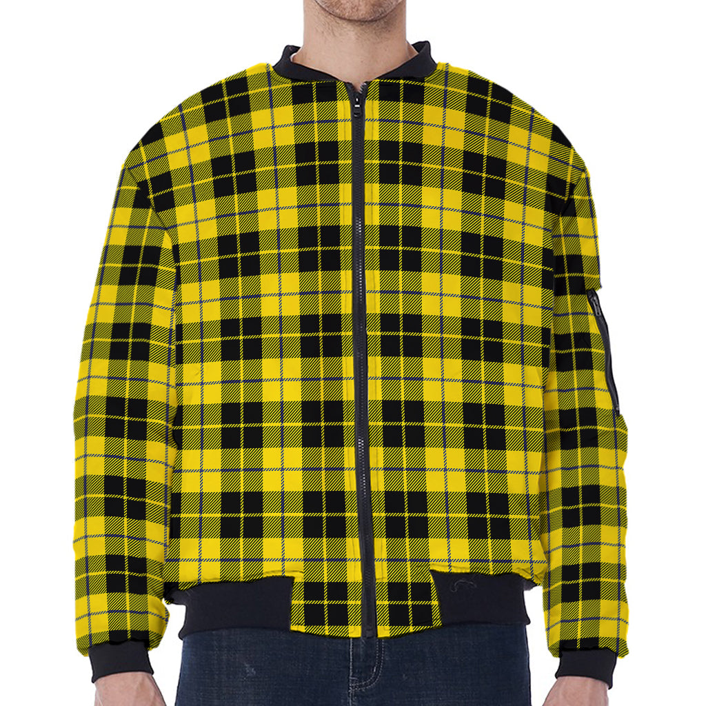 Yellow Black And Blue Tartan Print Zip Sleeve Bomber Jacket
