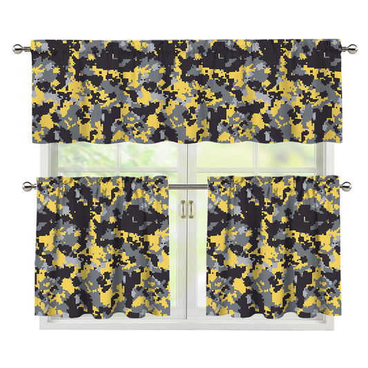 Yellow Black And Grey Digital Camo Print 3 Piece Kitchen Curtains