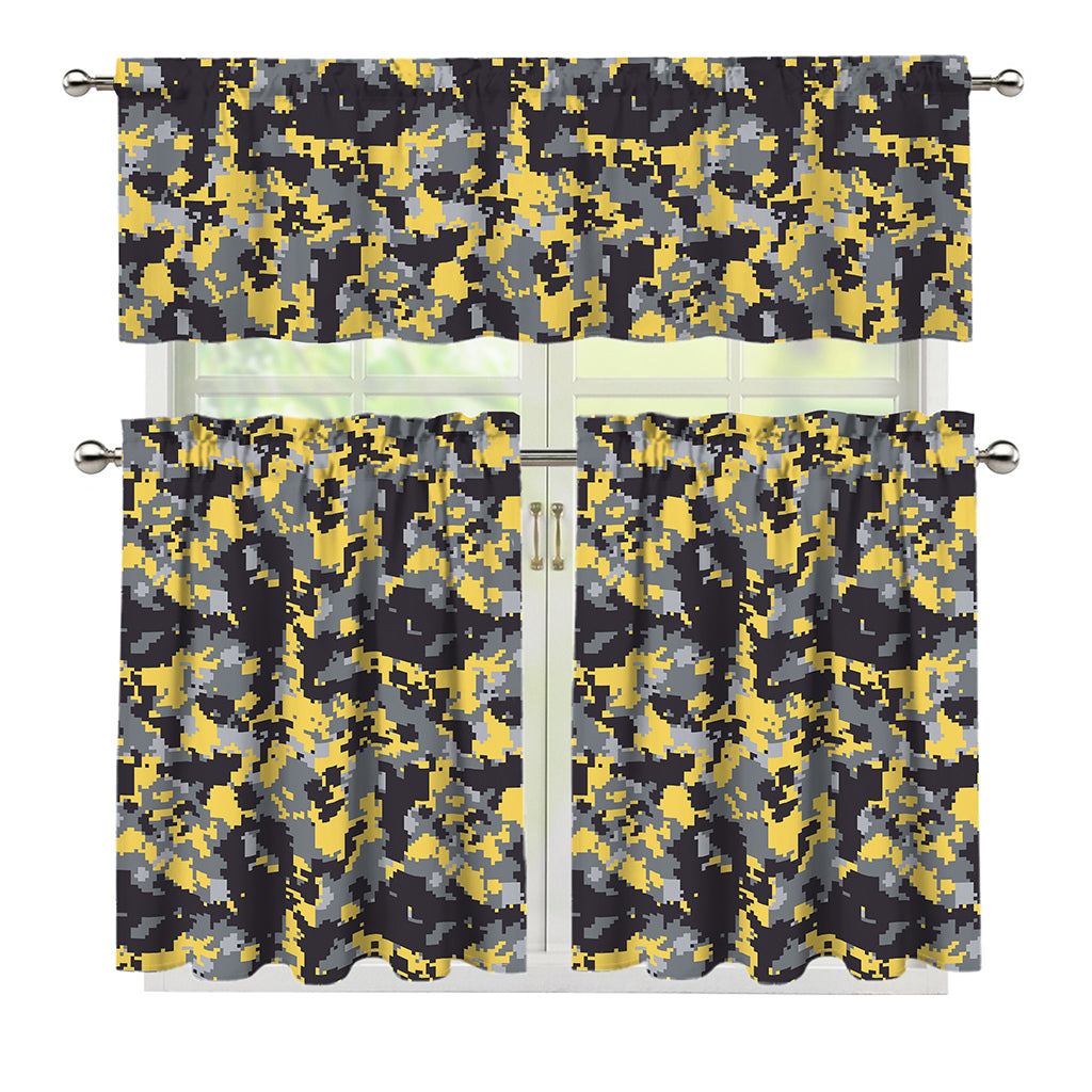 Yellow Black And Grey Digital Camo Print 3 Piece Kitchen Curtains