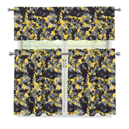 Yellow Black And Grey Digital Camo Print 3 Piece Kitchen Curtains