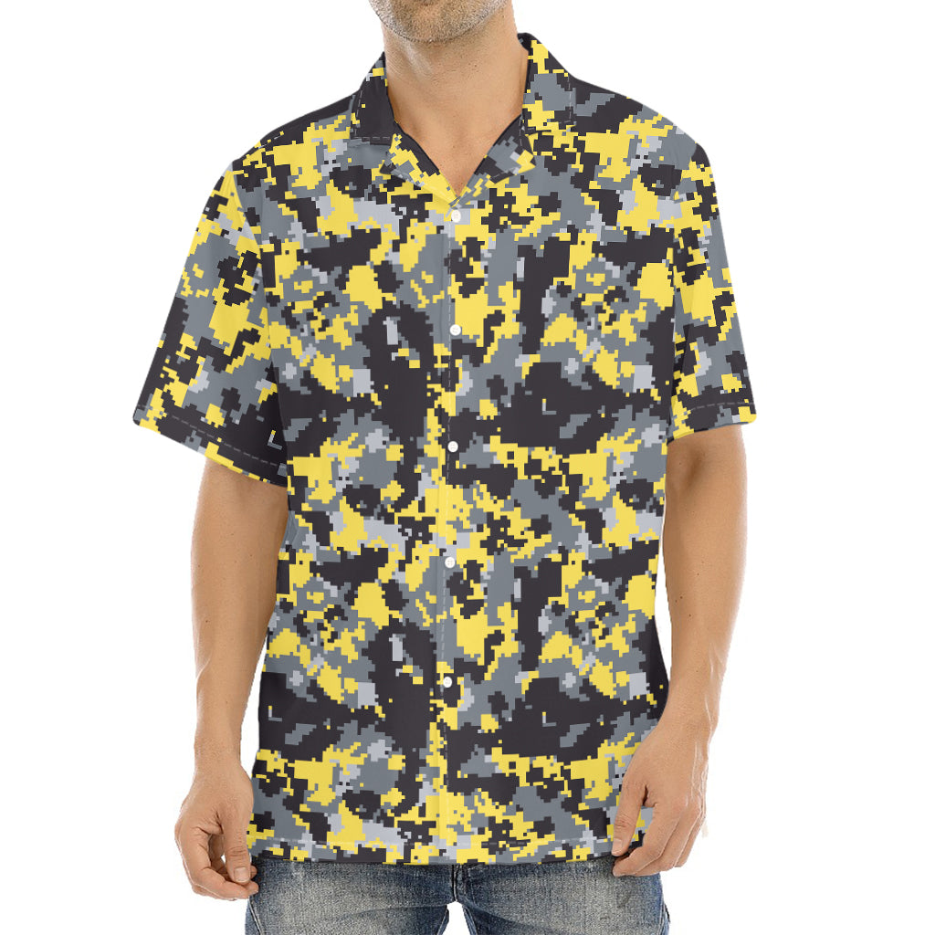 Yellow Black And Grey Digital Camo Print Aloha Shirt