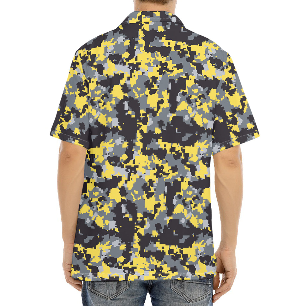 Yellow Black And Grey Digital Camo Print Aloha Shirt