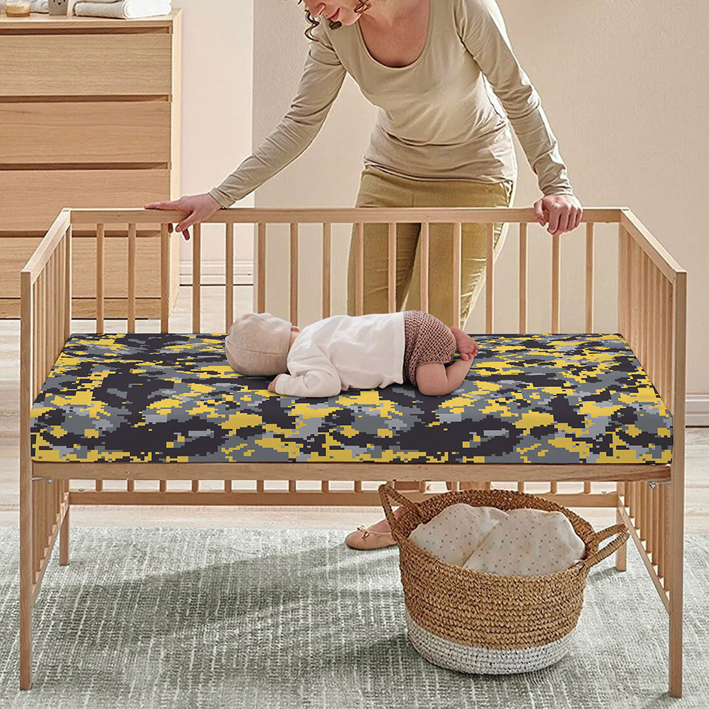 Yellow Black And Grey Digital Camo Print Baby Crib Sheet