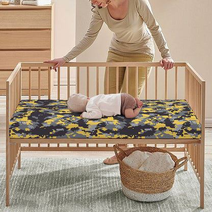 Yellow Black And Grey Digital Camo Print Baby Crib Sheet