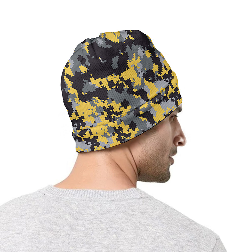 Yellow Black And Grey Digital Camo Print Beanie
