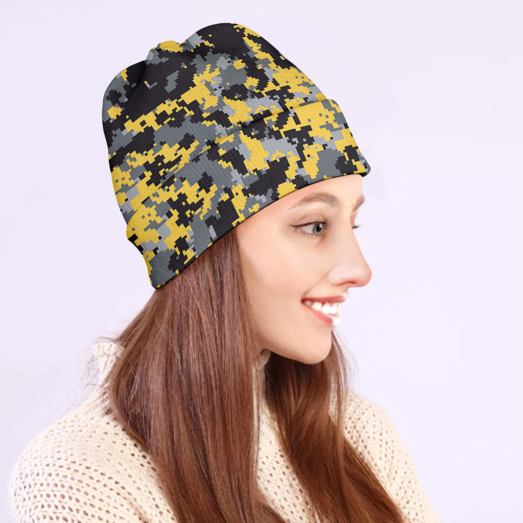 Yellow Black And Grey Digital Camo Print Beanie
