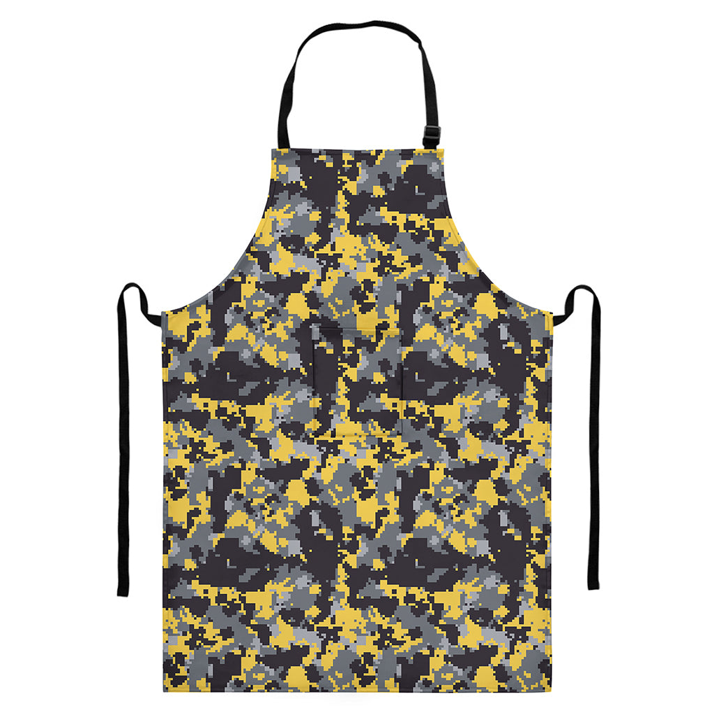 Yellow Black And Grey Digital Camo Print Bib Apron With Pocket