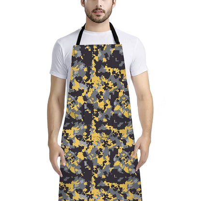 Yellow Black And Grey Digital Camo Print Bib Apron With Pocket