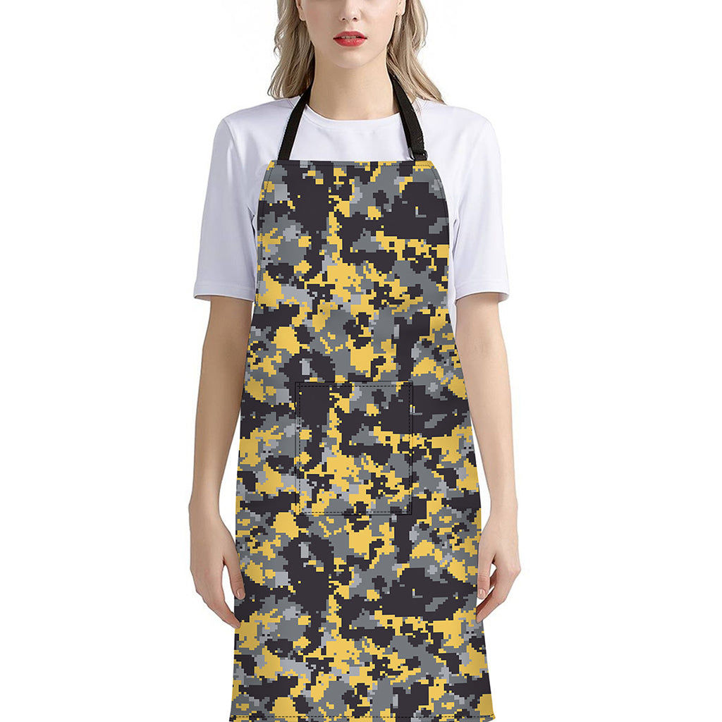 Yellow Black And Grey Digital Camo Print Bib Apron With Pocket
