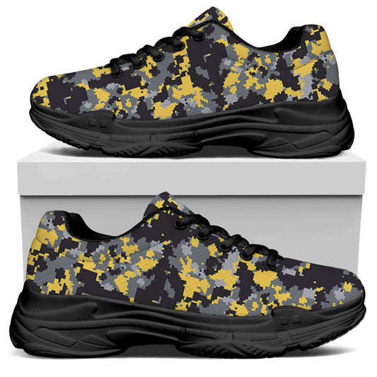 Yellow Black And Grey Digital Camo Print Black Chunky Shoes
