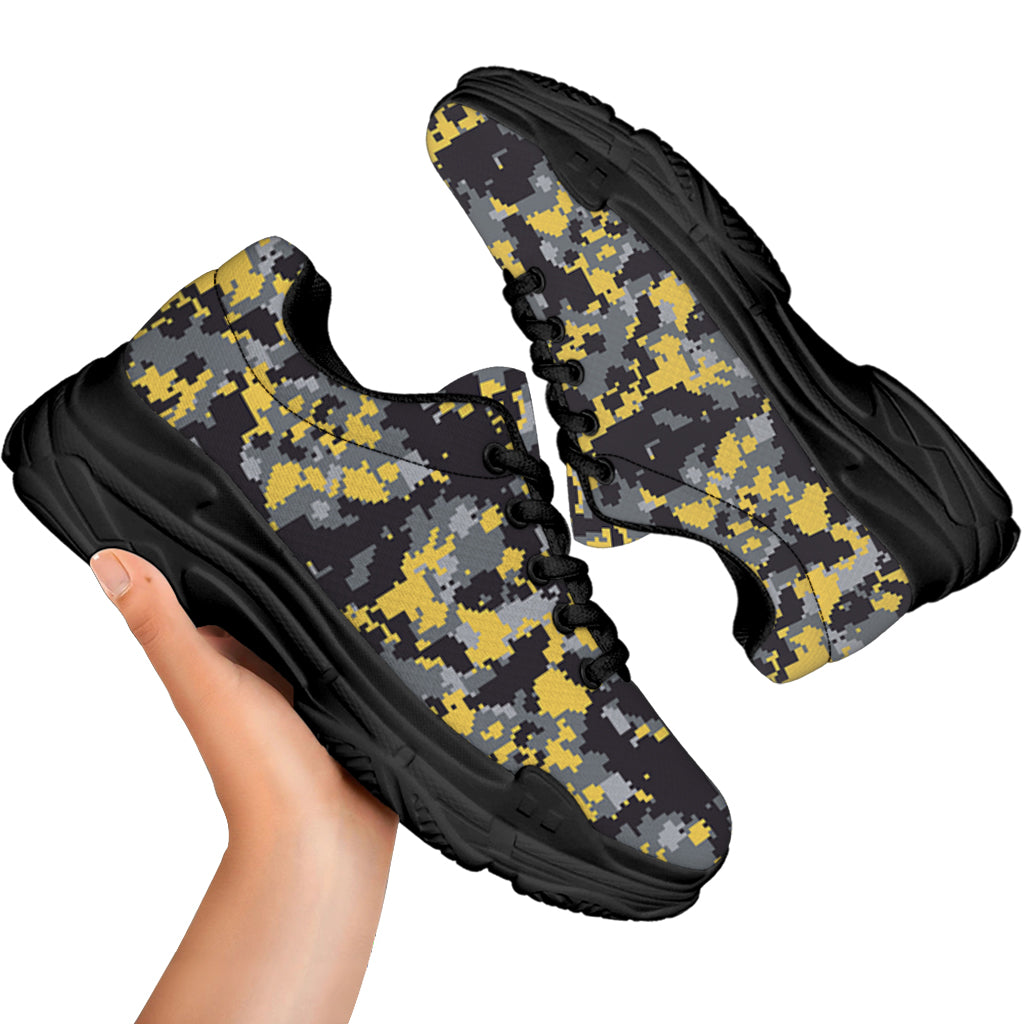Yellow Black And Grey Digital Camo Print Black Chunky Shoes