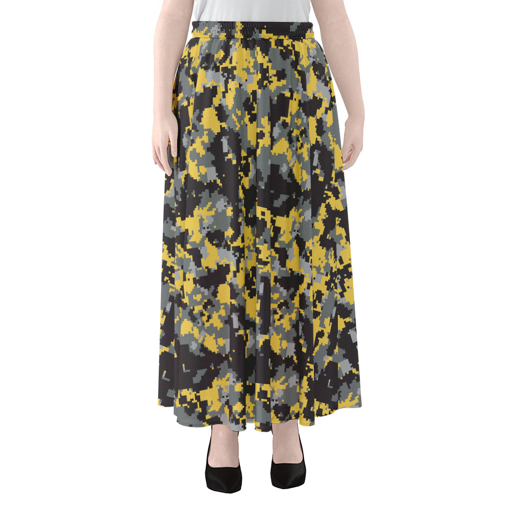 Yellow Black And Grey Digital Camo Print Chiffon Maxi Skirt