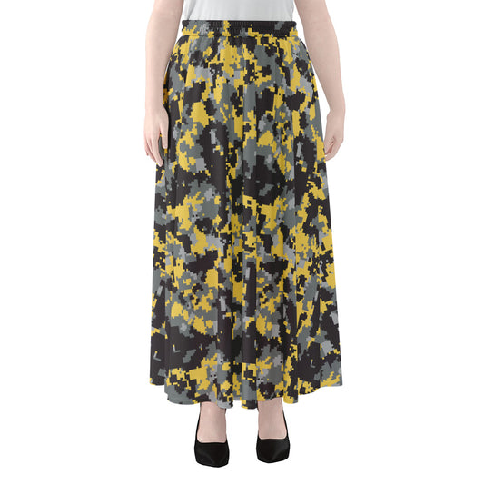 Yellow Black And Grey Digital Camo Print Chiffon Maxi Skirt