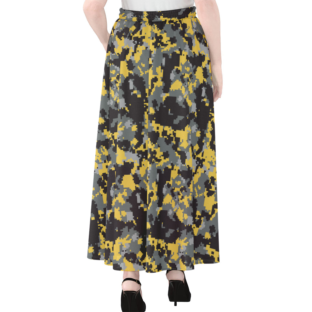 Yellow Black And Grey Digital Camo Print Chiffon Maxi Skirt